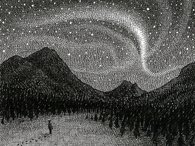 Northern Lights artist artwork black and white crosshatching drawing hand drawn illustration ink nature texture