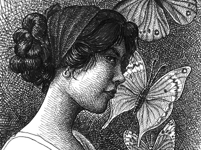 Circe art artist black and white butterfly crosshatching drawing hand drawn illustration ink pen and ink portrait texture woman