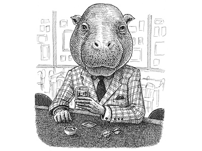 A hippo walks into a bar... animals anthropomorphic art artist artwork bar drawing funny hand drawn hippo illustration ink sketch whiskey