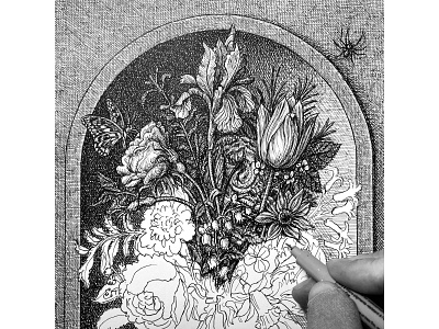 Still Life in Progress art artist artwork drawing flowers hand drawn illustration ink plants spider still life