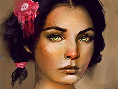 Portrait study eyes girl green pink skull