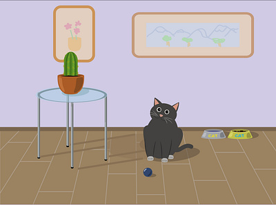 The cat is at home animal ball cactus cat comfort design home illustration istanbul meal picture room table turkey vector