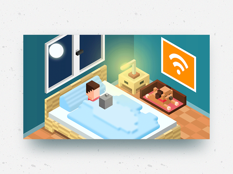 Watching TV in bed bed commercial dog hexels isometric moon sleep sleeping room television tv voxels wifi
