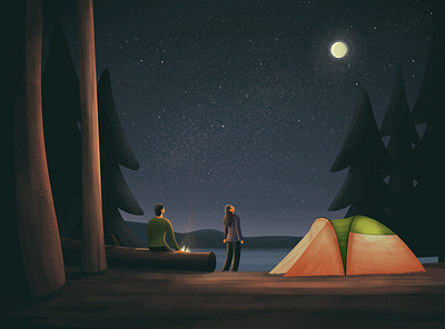 By The Fire app branding camp campfire camping character characters design illustration illustrator lake landscape moon night tent trees vector website