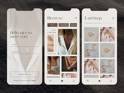 Jewellery brand app accessory design earring fashion feminine figma jewellery jewelry log in luxury minimal mobile mobile app necklace online store premium ring sign up ui