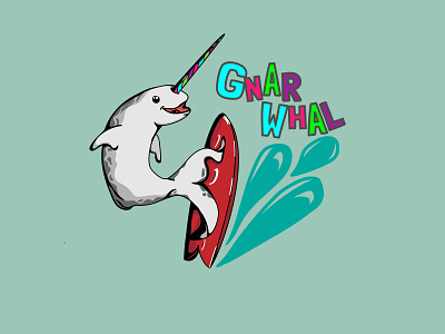 Gnarwhal or 'Gnarly Whale' art design flat illustration narwhal surf surf design surf illustration surface design surfboard vector