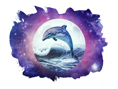 Moon, Dolphin, Ocean Waves and galaxy stars art artwork dolphin galaxy moon ocean star tshirt design watercolor art watercolor illustration waves