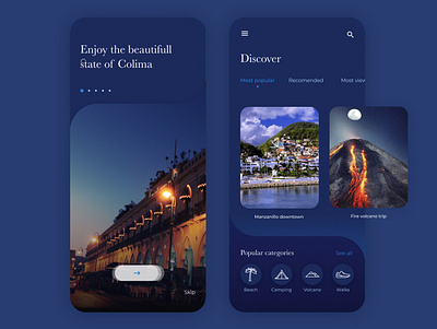 Travel App app design application city dark blue dark theme figma figma design figmadesign photography uidesign uiux ux ui uxdesign volcano