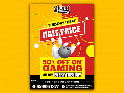 Poster on Tuesday Offer bowling branding design gaming glued graphic design illustration offer tuesday typography vector yellow