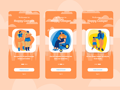 Happy Camper Onboarding app camping design hiking illustration onboarding onboarding screen onboarding ui ui ux