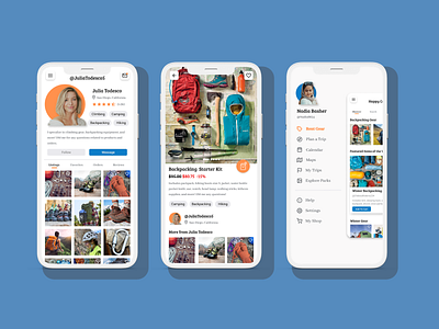 Happy Camper Renting Gear App camping climbing design hiking menu menu design profile page rent rental app rentals shop shopping ui ux