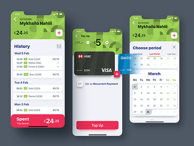 History screen calendar color credit card design figma flow green interface ios app list mobile mobile app mobile design mobile ui payment top up ui uiux ux ux design