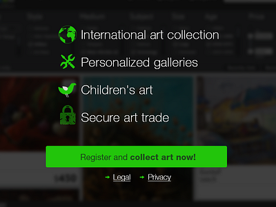 Art trading e-comm site art black blur flat green web web design