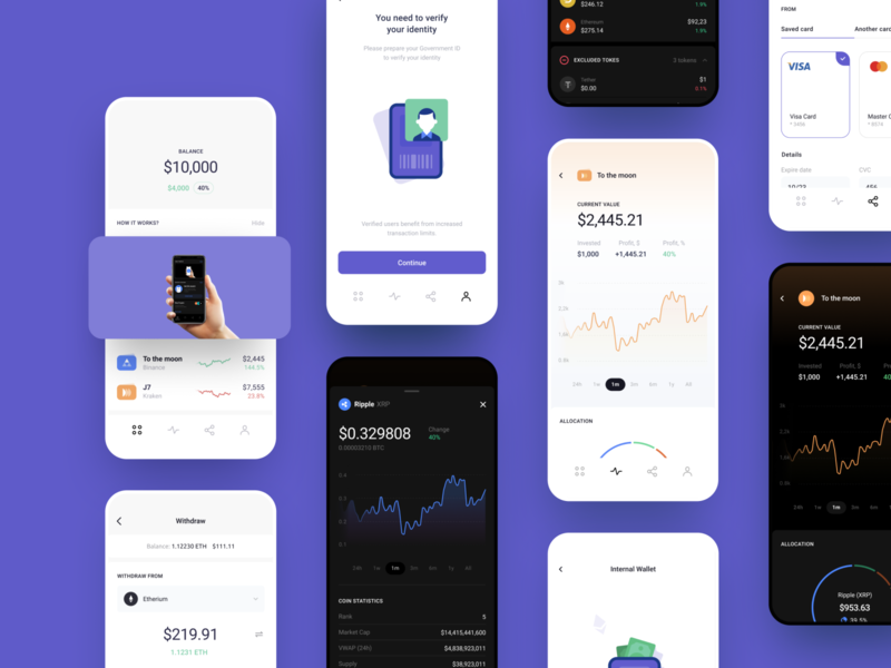 Сryptocurrency Investments App for Beginners wireframes ui map finance tool charts wallet crypto currency investment mobile illustration app graphics icons ux ui cuberto