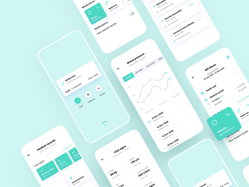 OHM Health Mobile App medical history anamnesis list pharmacy laboratory medicine journal doctor patient mobile health app graphics icons ux ui cuberto