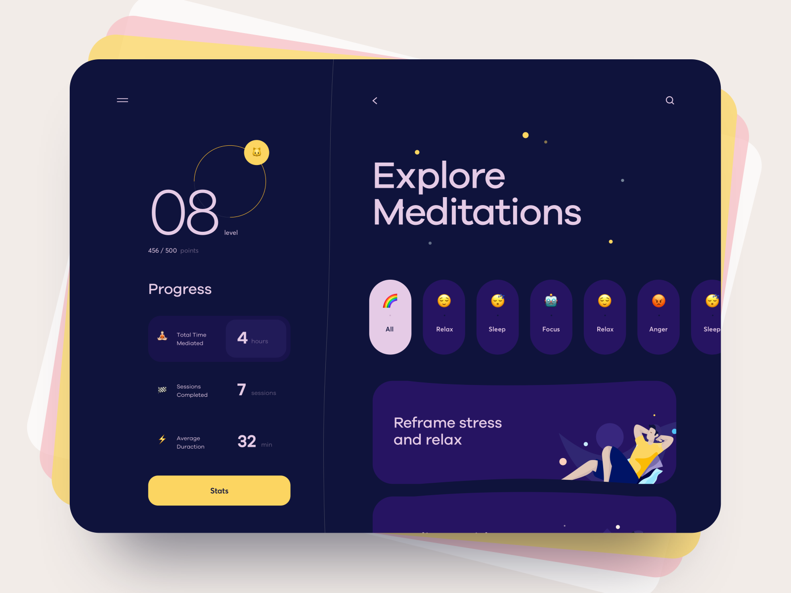 Meditation Desktop App cuberto desktop emoji graphics icons illustration meditation mode motivation search sleep ui usability ux ux design web