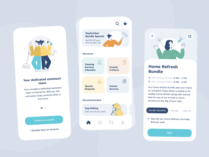 PleaseAssistMe App Redesign app assistant bundle cleaning cuberto design face lifting graphics home icons illustration interface design mobile partner service ui user experience ux