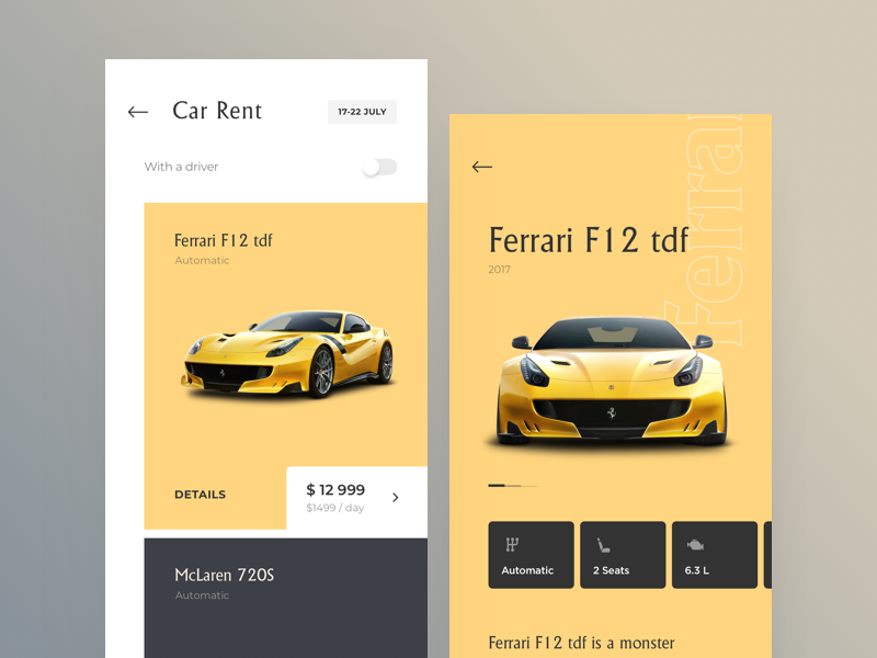 Car Rental UI hotel rent yellow cuberto car app sketch icons ux ui