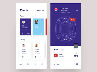 Events app concept with booking feature app booking concept cuberto events filter football illustration payment popular purple ticket trending ui ux