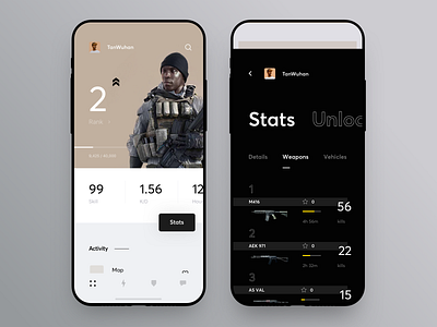 Game and Profile Statistics Dashboard app concept cuberto design game gamer icon profile shooter statistics stats ui ux