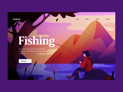 Scandinavian Fishing Website cuberto fish fishing graphics illustration landing mountain scandinavia typography ui ux website