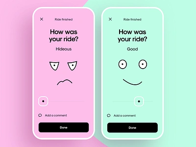 Rate your ride app cuberto design emotional face graphics icons illustration interface mobile rating ride slider smile taxi ui ux