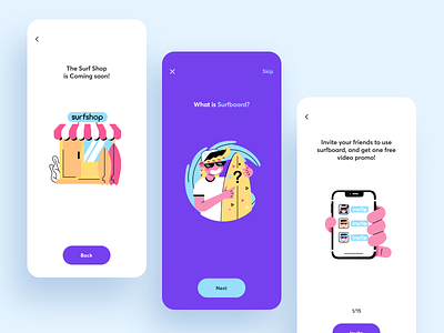 Surfboard App Onboarding app cuberto discover event graphics icons illustration mobile onbording purple startup step stylish surf ui ux