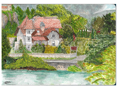 commission - lake bled art artwork building buildings houses illustration lake bled painting slovenia watercolor watercolor illustration watercolor painting