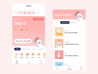 Period Tracker App app branding design flat icon illustration minimal mobile mobile app mobile ui ui ux