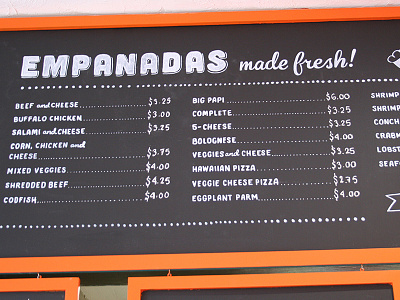 Pikalo chalkboards cafe chalk chalkboard dominican empanada lettering menu restaurant sign painting signage