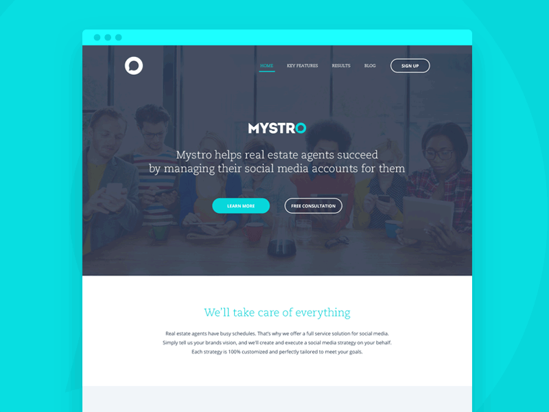 Mystro Website branding clean flat icons one page real estate responsive social media web design website