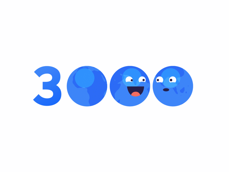 3️⃣🙂😝🤔 3000 followers animation face globe illustration milestone number thanks vector website world