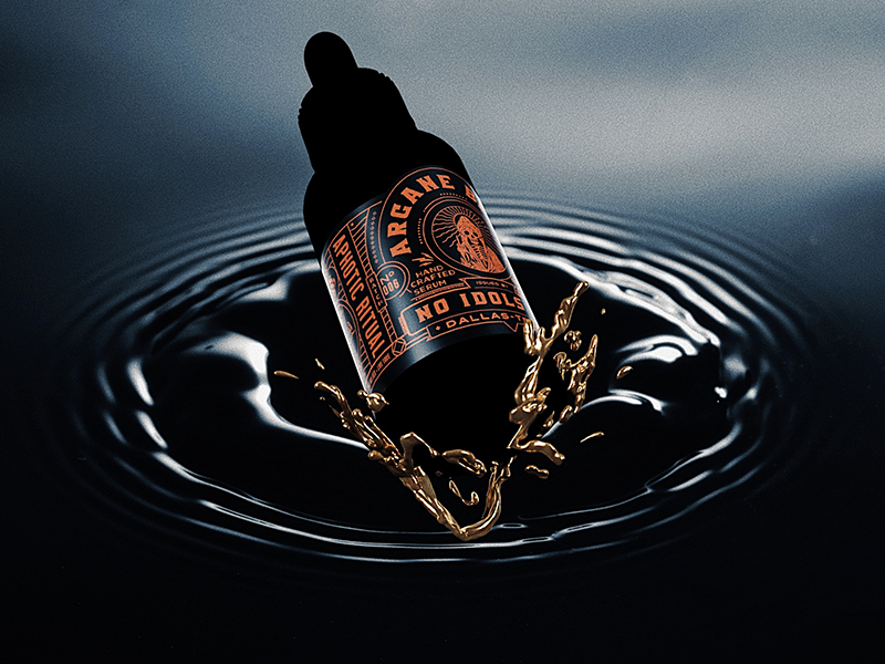 Arcane Black by No Idols skeleton gold luxe mockup 3d render illustration branding bottle label packaging beard oil