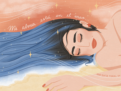 Mi alma está en el mar beach digital digital illustration dream girl illustration ilustración lettering mar ocean playa procreate sand