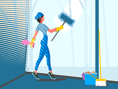 Cute girl washing window character design cleaning flat girl illustraion vector