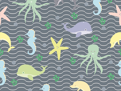 marine animals with waves art background design blue cartoons cute animal dolphins grey illustrator kids marine life pattern repeat pattern sea sea animals seamless textile pattern