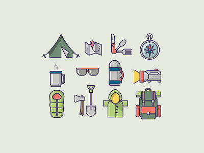Camping icon set backpack camping cup design dribbble forest glasses gliph glyph green icon illustration jacket line outline set vector