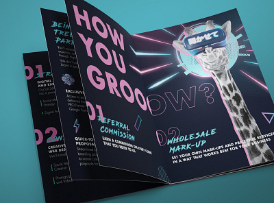 Neon Treehouse Partner Brochure | 1 adobe illustrator adobe photoshop animals bold brochure collage corporate editorial graphic design layout neon print psychedelic retouch retrowave typogaphy