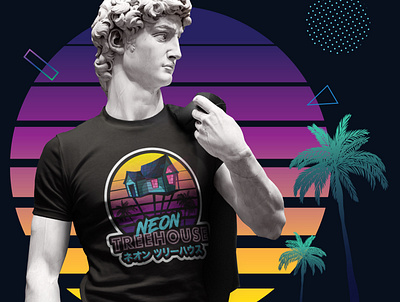 Neon Treehouse T-shirt adobe illustrator adobe photoshop apparel branded clothes collage colorful corporate graphic design neon print retro retrowave statue tshirt