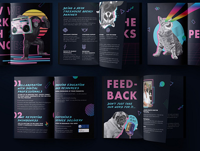 Neon Treehouse Partner Brochure | 2 adobe illustrator adobe photoshop animals bold brochure collage corporate editorial graphic design layout neon print psychedelic retouch retrowave typography