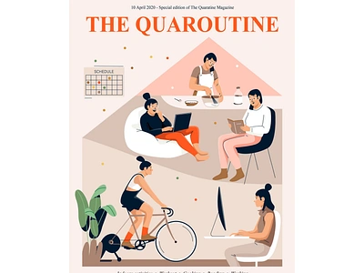 Quarantine magazine activity character design graphic home illustration indoor laptop lockdown mobile pastel people plant quarantine read sport vector woman