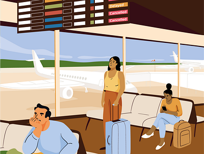Travelling during Covid 19 airoport airplane character delay design graphic illustration man mobile pastel plane vector waiting woman women
