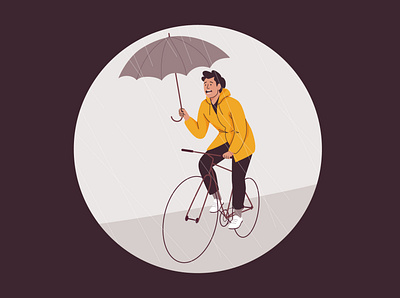 Rainy day bicycle bike character cycling design graphic illustration man pastel rain umbrella vector