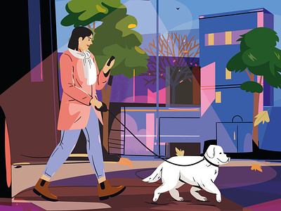 Dog walk character design dog graphic illustration pastel vector woman