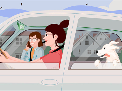 Road trip car character dog graphic illustration pastel people road trip vector woman