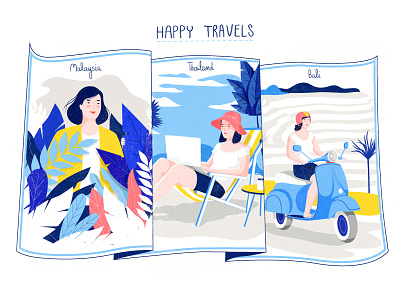 Happy travels character illustration map travel vector woman
