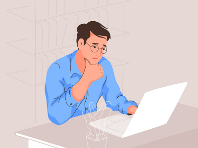 Not interested blue character guy illustration laptop man thinking vector