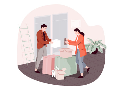 Moving apartment boxes cat character couple house illustration moving packing