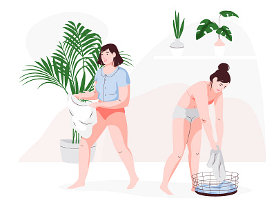 Laundry day character clothes girl illustration laundry pastel plant vector woman