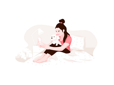 Happy moments bedroom character dog graphic illustration pastel phone selfie vector woman